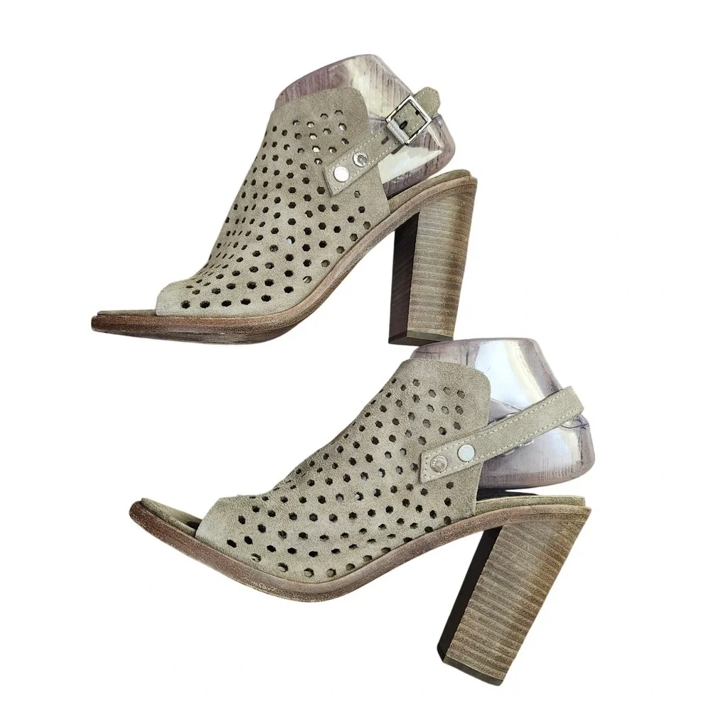 Rag & Bone Wyatt Taupe Suede Perforated Peep Toe Slingback Block Heel Sandals 39
